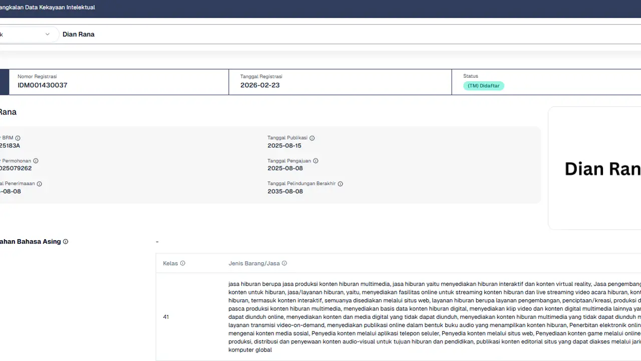 Dian Rana Daftarkan Merek “Dian Rana” di Direktorat Jenderal Kekayaan Intelektual